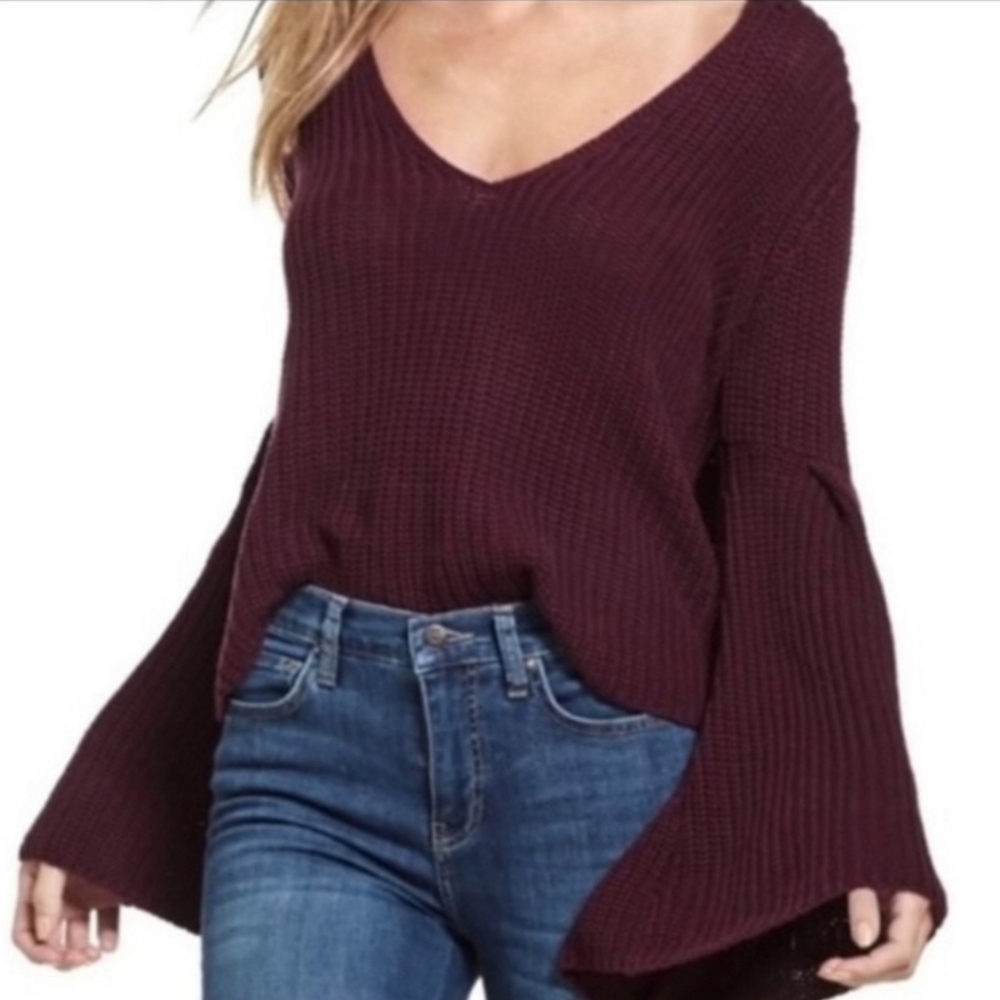 Free People Boho Damsel Bell Sleeve V Neck Knit Sweater Size S Preowned